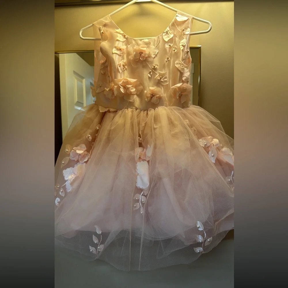 Girls Size 10 Blush Pink Floral Applique Tulle Party Dress w/ Satin Bow